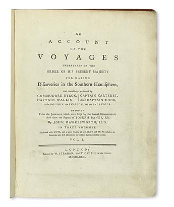 COOK, JAMES.  Hawkesworth, John.  An Account of the Voyages . . . for making Discoveries in the Southern Hemisphere. 3 vols. 1773
